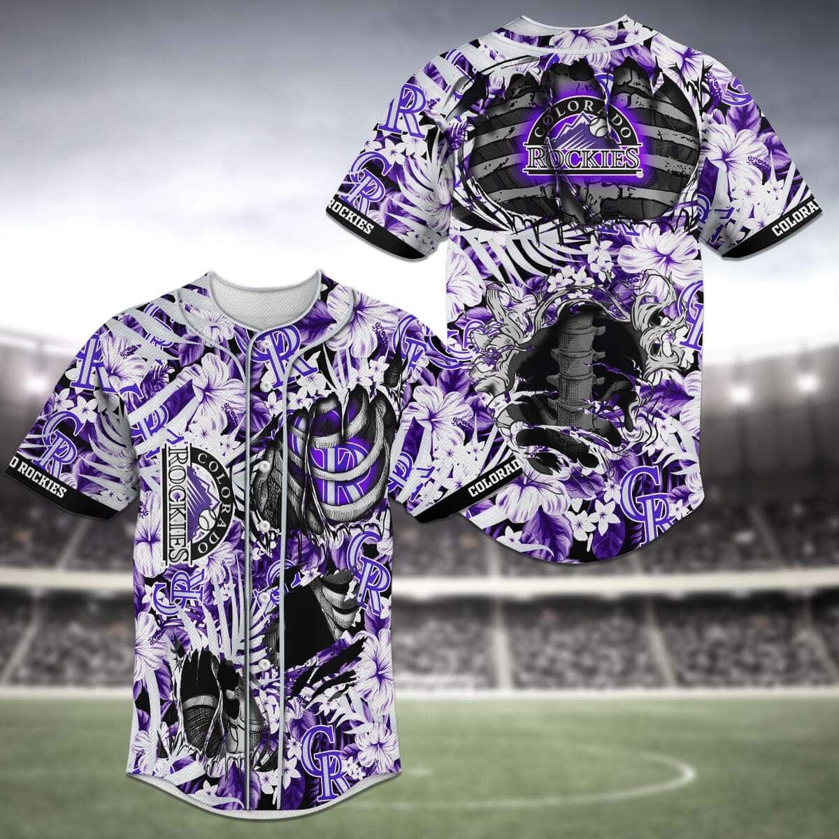 Cool MLB Colorado Rockies Baseball Jersey Skeleton And Tropical Flower Gift For New Dad
