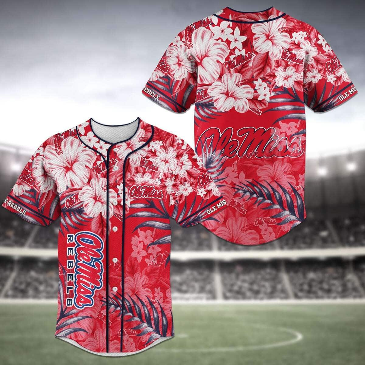 Red MLB Ole Miss Rebels Baseball Jersey Tropical Flower Gift For Stepdad