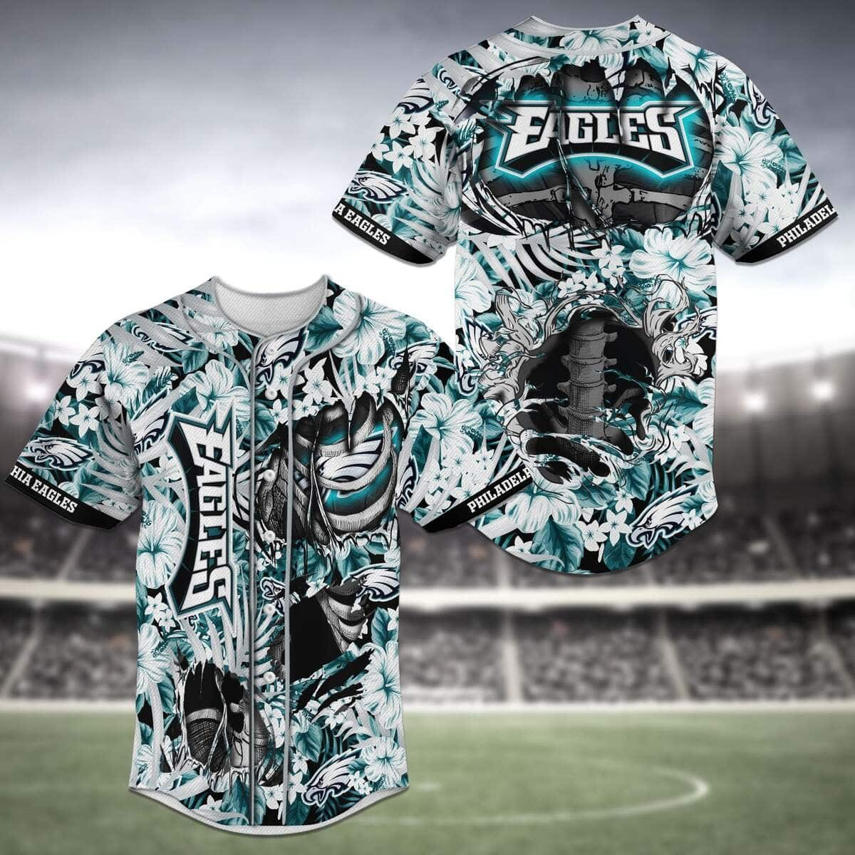 Aloha NFL Philadelphia Eagles Baseball Jersey Flower Skeleton And Flowers Gift For Stepdad