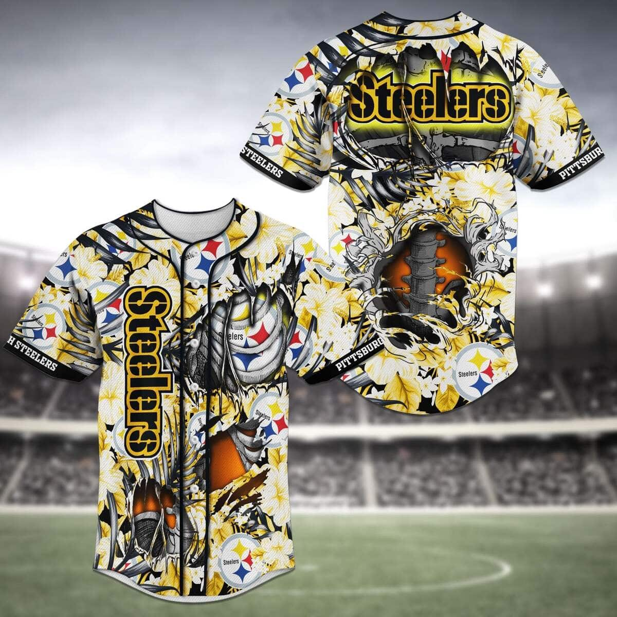 Cool NFL Pittsburgh Steelers Baseball Jersey Skeleton And Flowers Gift For Father-In-Law