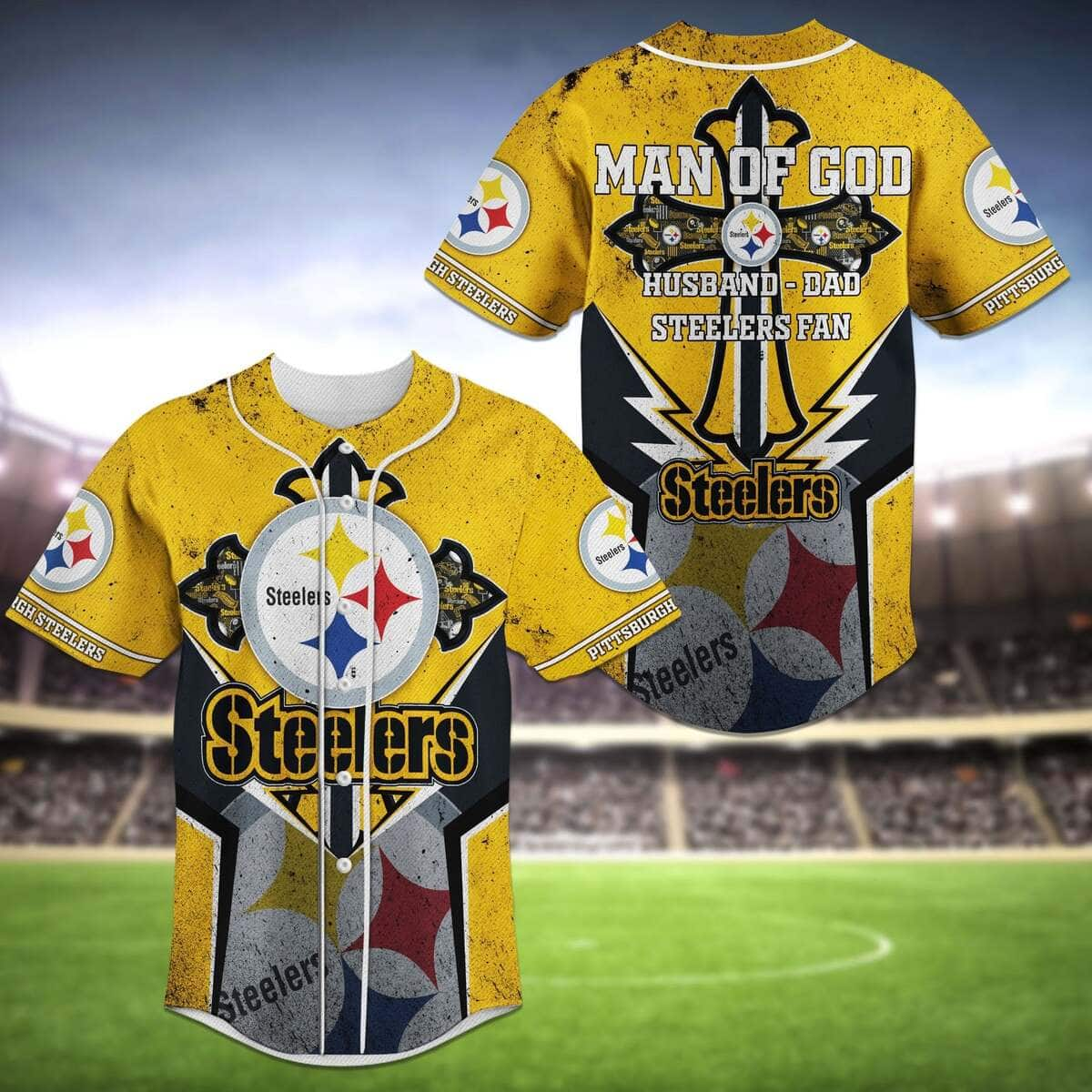 Stylish NFL Pittsburgh Steelers Baseball Jersey Man Of God Husband Dad Steelers Fan Gift For Him