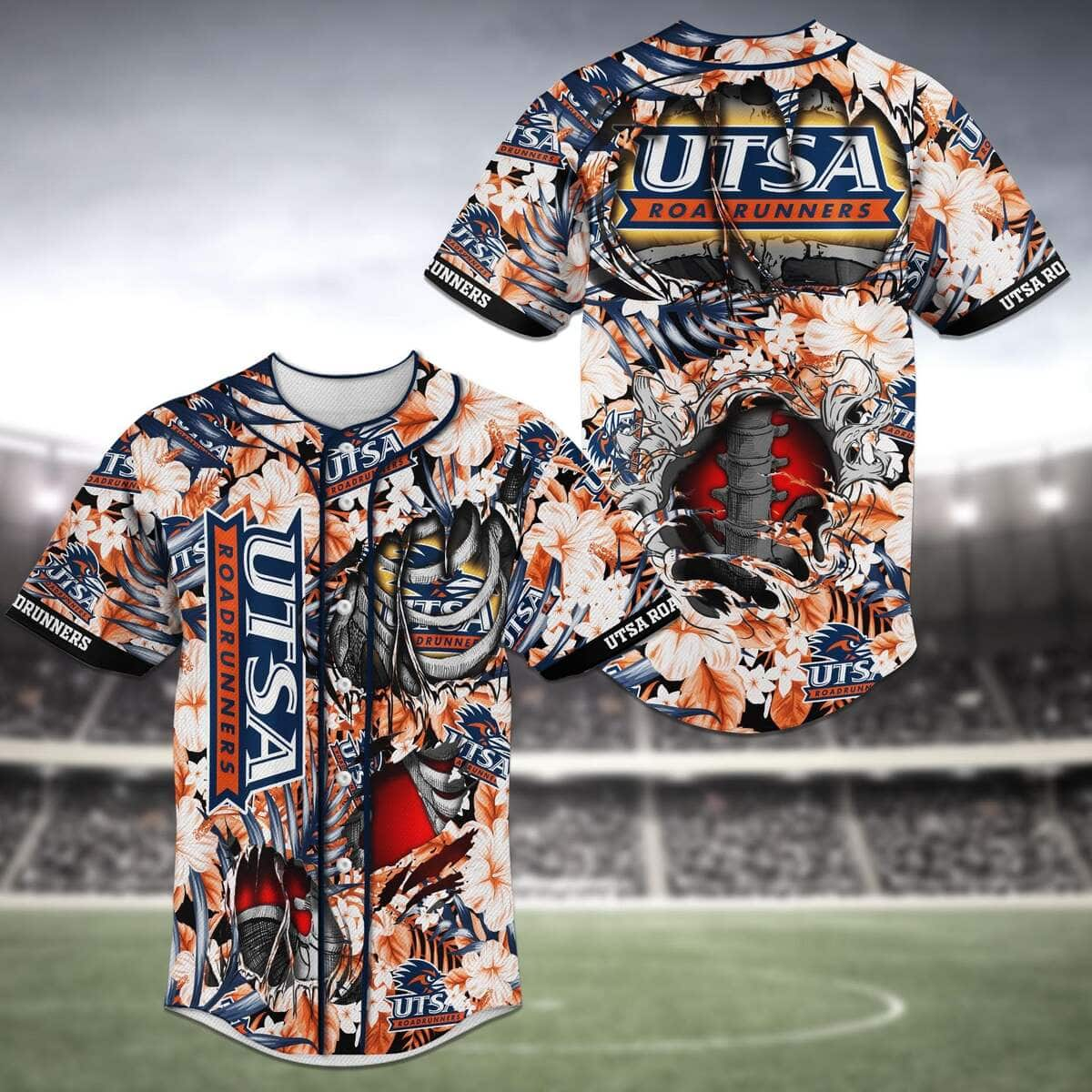 Cool NFL UTSA Roadrunners Baseball Jersey Skeleton And Flowers Gift For Wife