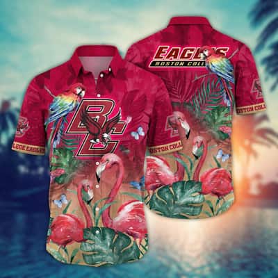 NCAA Boston College Eagles Hawaiian Shirt Pink Flamingo And Palm Leaves Gift For Dad NCAA Boston College Eagles Hawaiian Shirt Pink Flamingo And Palm Leaves Gift For Dad