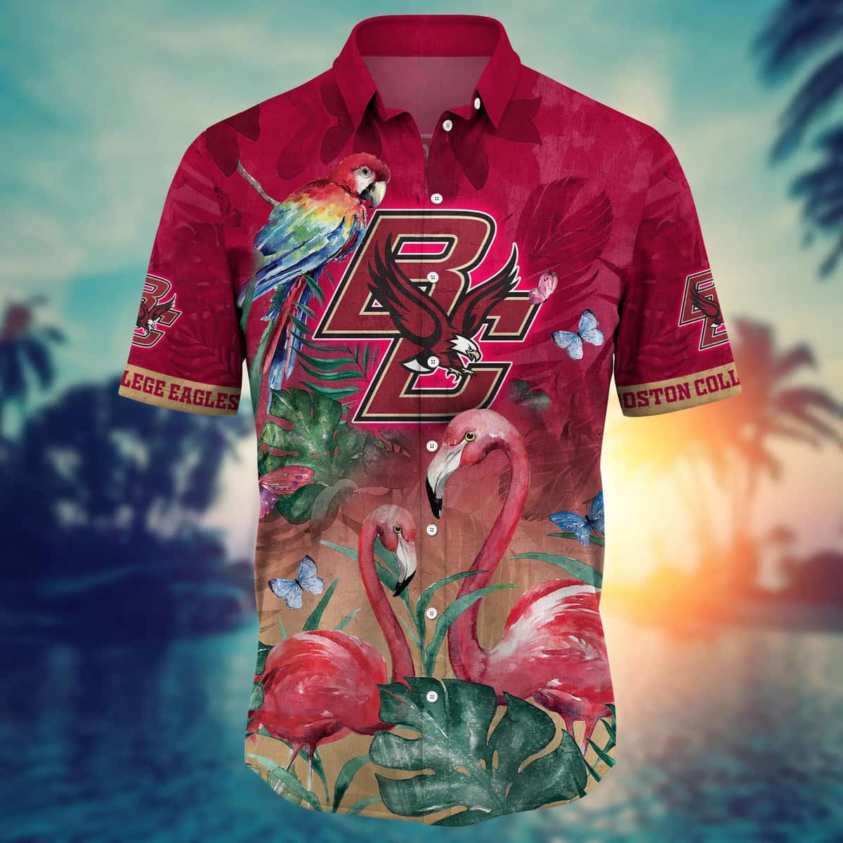 NCAA Boston College Eagles Hawaiian Shirt Pink Flamingo And Palm Leaves Gift For Dad NCAA Boston College Eagles Hawaiian Shirt Pink Flamingo And Palm Leaves Gift For Dad
