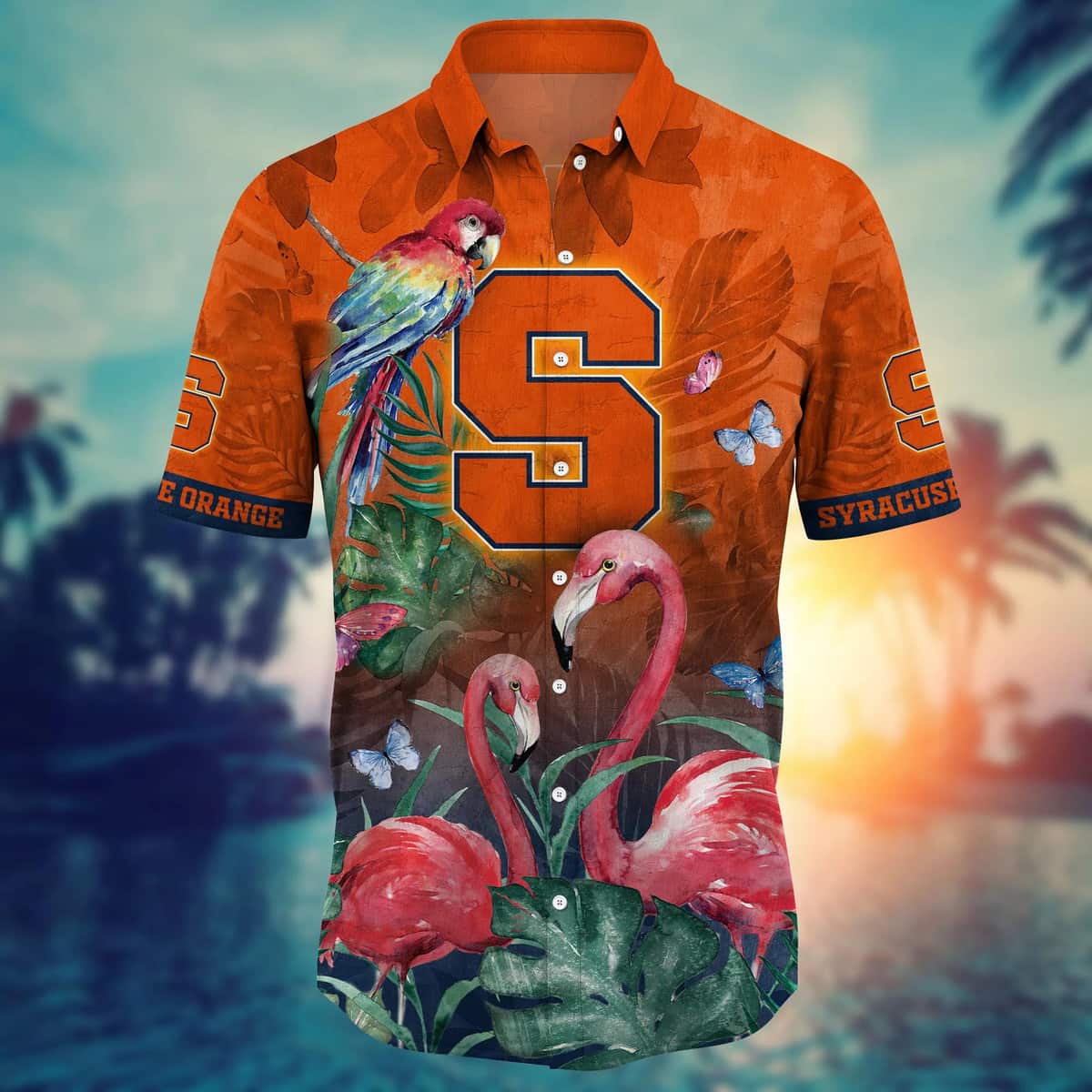 NCAA Syracuse Orange Hawaiian Shirt Pink Flamingo And Palm Leaves Gift For Best Friend NCAA Syracuse Orange Hawaiian Shirt Pink Flamingo And Palm Leaves Gift For Best Friend