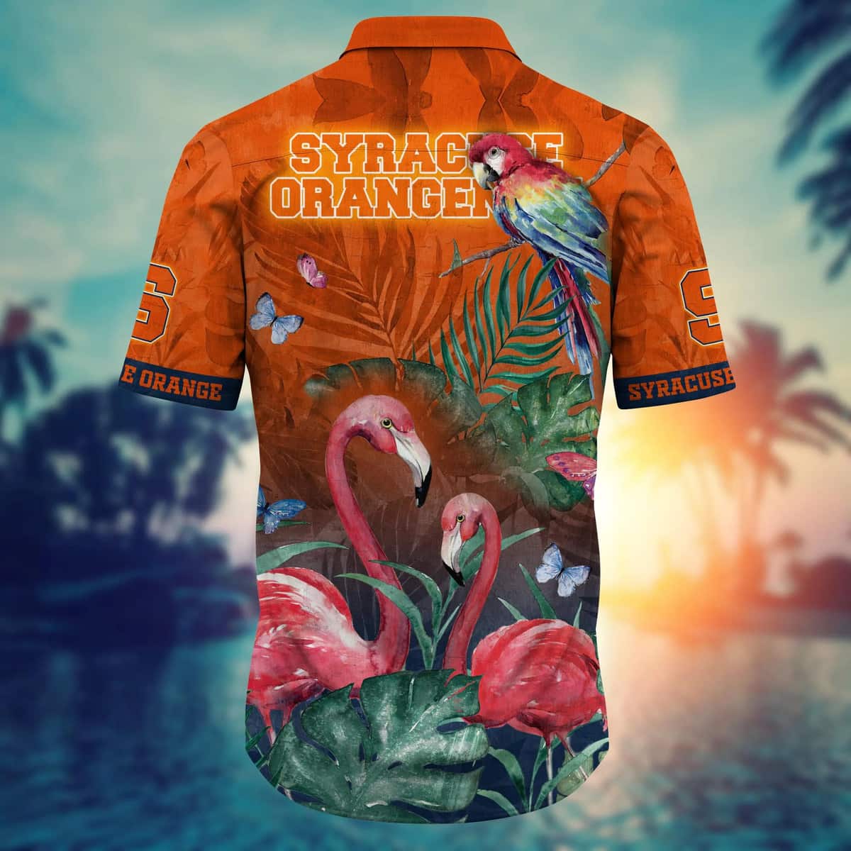 NCAA Syracuse Orange Hawaiian Shirt Pink Flamingo And Palm Leaves Gift For Best Friend NCAA Syracuse Orange Hawaiian Shirt Pink Flamingo And Palm Leaves Gift For Best Friend