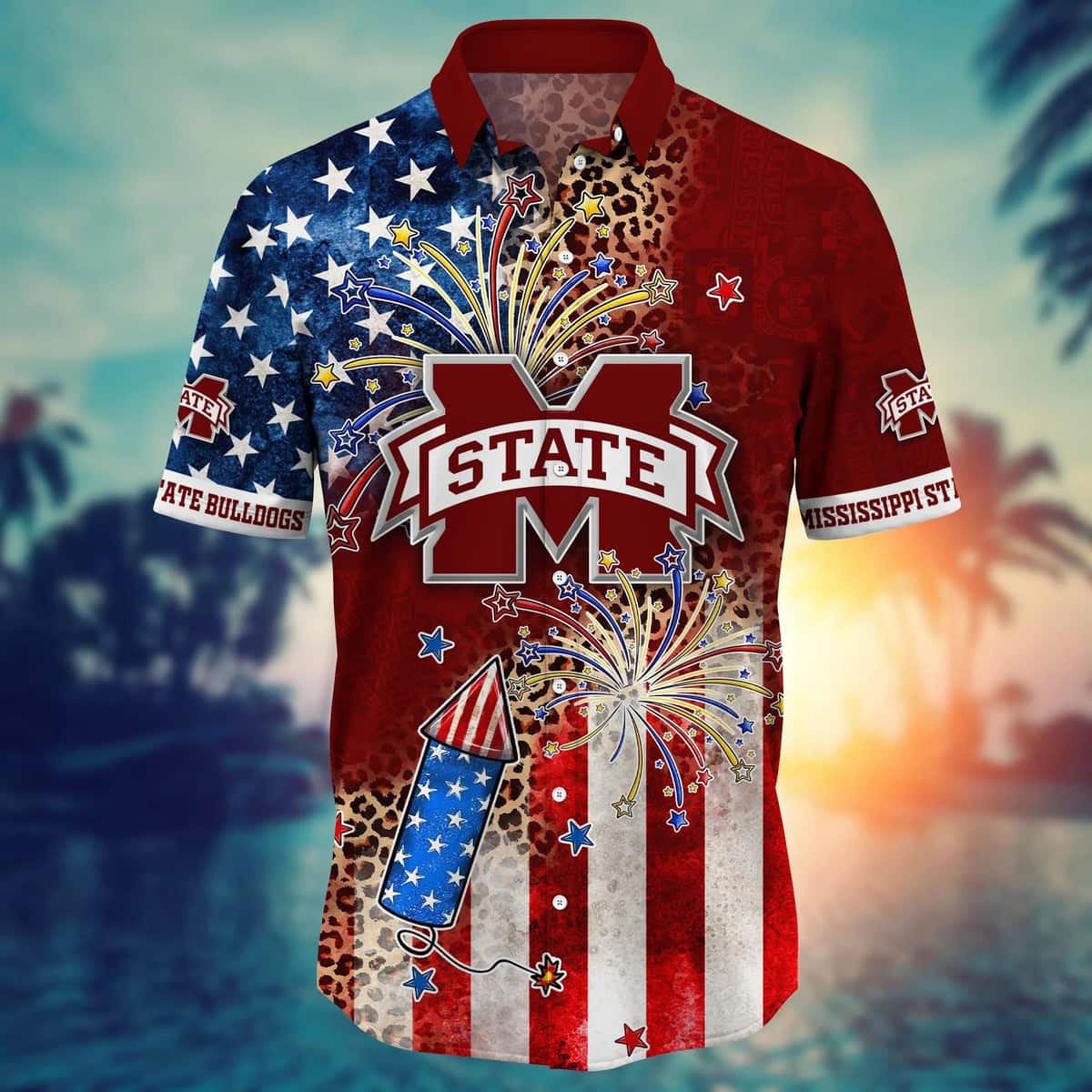 NCAA Mississippi State Bulldogs Hawaiian Shirt Fireworks Independence Day Gift For Family NCAA Mississippi State Bulldogs Hawaiian Shirt Fireworks Independence Day Gift For Family