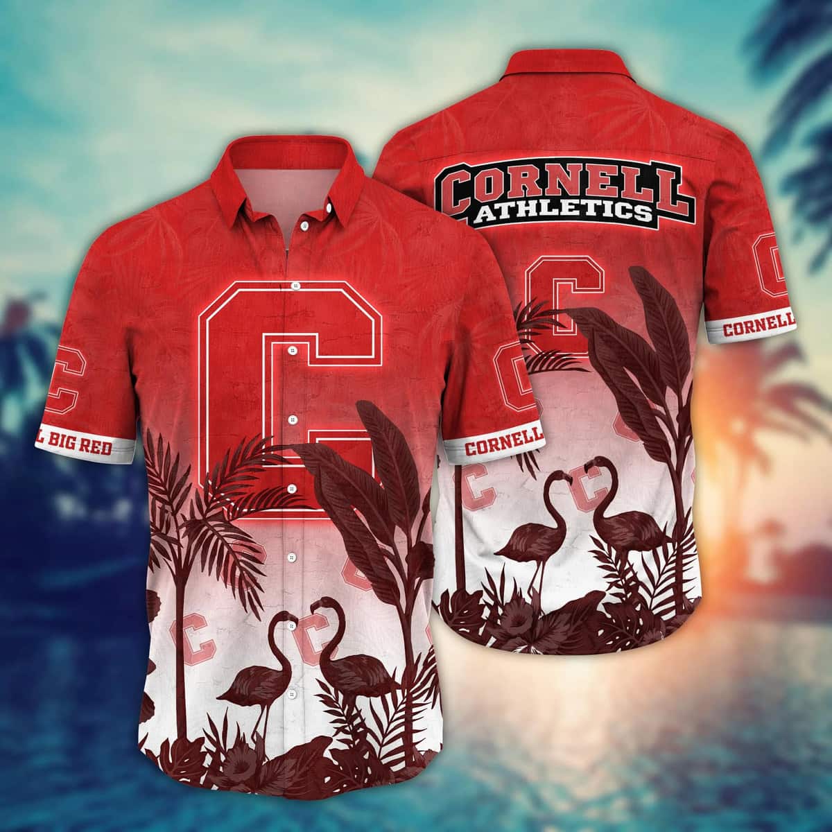 NCAA Cornell Big Red Hawaiian Shirt Flamingos And Palm Trees Gift For Dad