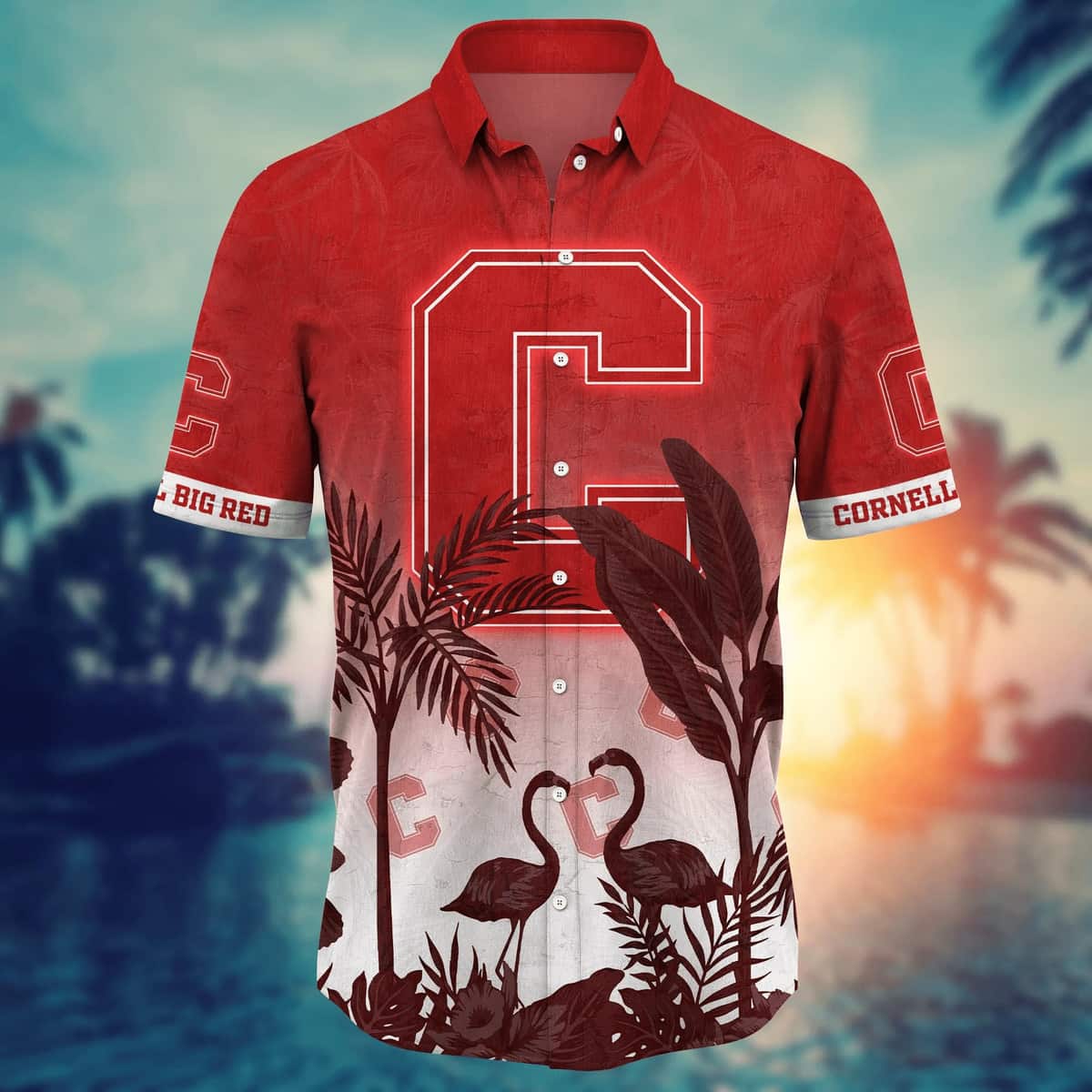 NCAA Cornell Big Red Hawaiian Shirt Flamingos And Palm Trees Gift For Dad NCAA Cornell Big Red Hawaiian Shirt Flamingos And Palm Trees Gift For Dad