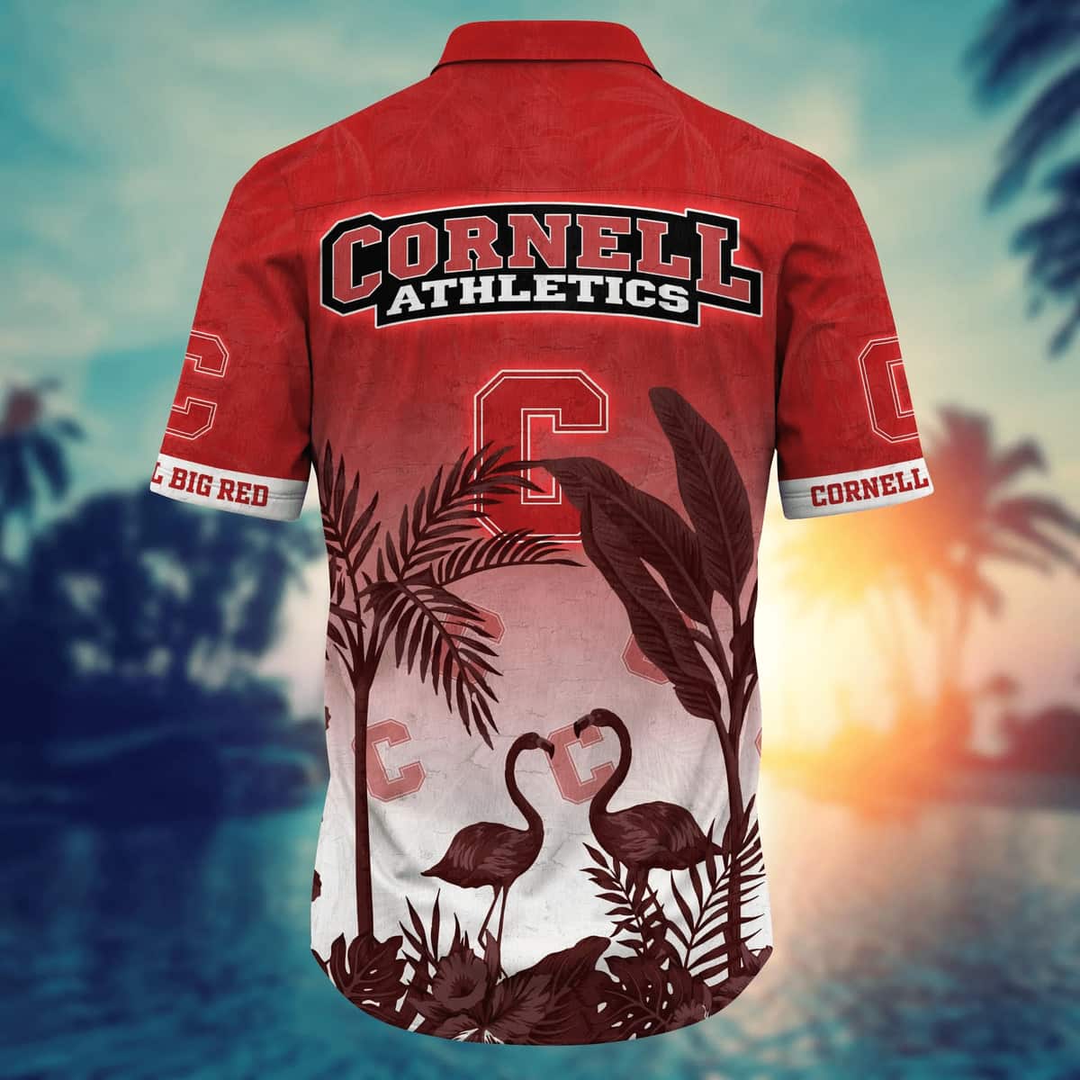 NCAA Cornell Big Red Hawaiian Shirt Flamingos And Palm Trees Gift For Dad NCAA Cornell Big Red Hawaiian Shirt Flamingos And Palm Trees Gift For Dad