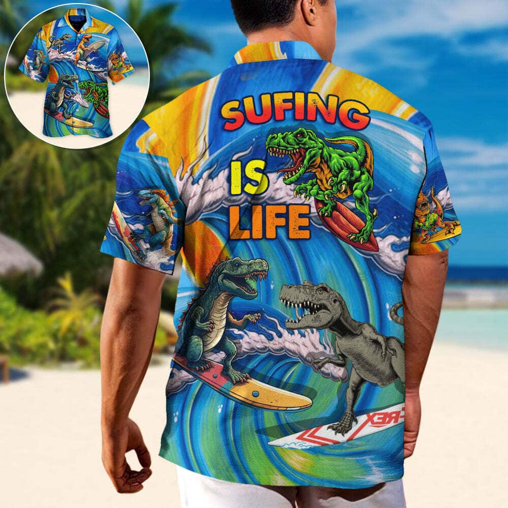 Beach Style Funny Hawaiian Shirt Dinosaur Surfing Is Life Beach Lovers Gift Beach Style Funny Hawaiian Shirt Dinosaur Surfing Is Life Beach Lovers Gift