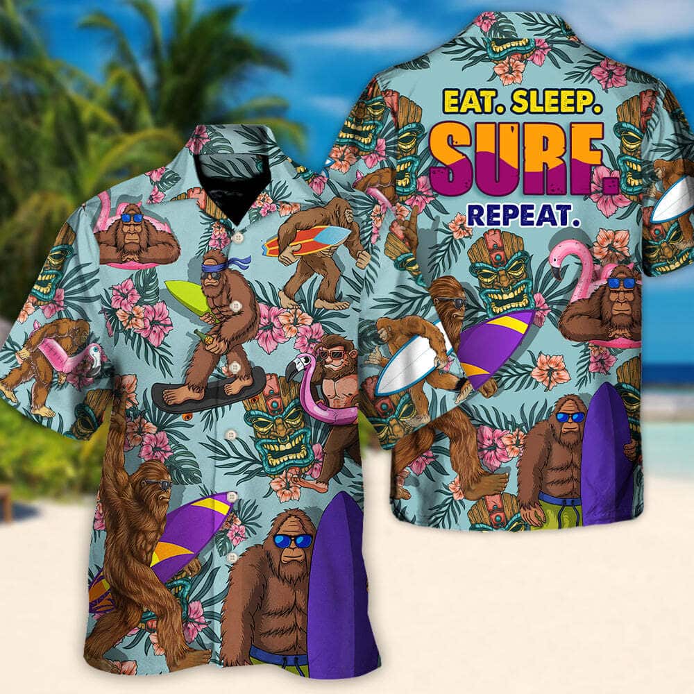 Funny Hawaiian Shirt Bigfoot Eat Sleep Surf Repeat Tropical Flower Pattern Funny Hawaiian Shirt Bigfoot Eat Sleep Surf Repeat Tropical Flower Pattern