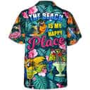 Funny Hawaiian Shirt Parrot Drinking Cocktails The Beach Is My Happy Place Palm Leaves Pattern