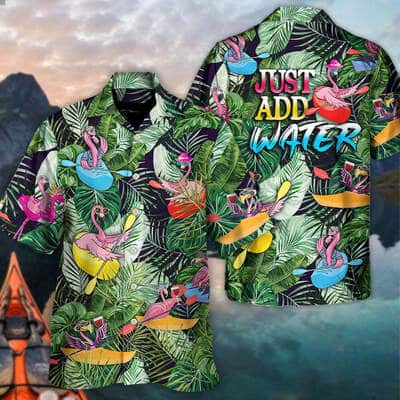 Funny Hawaiian Shirt Flamingo Playing Kayaking Just Add Water Palm Leaves Pattern