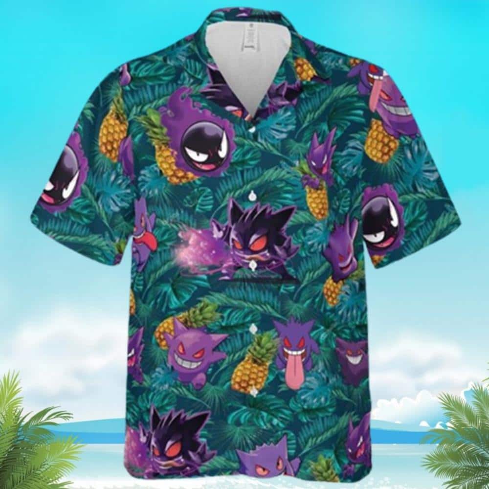 Gengar Ghost Pokemon Hawaiian Shirt Palm Leaves Pattern Summer Beach Trip Gift