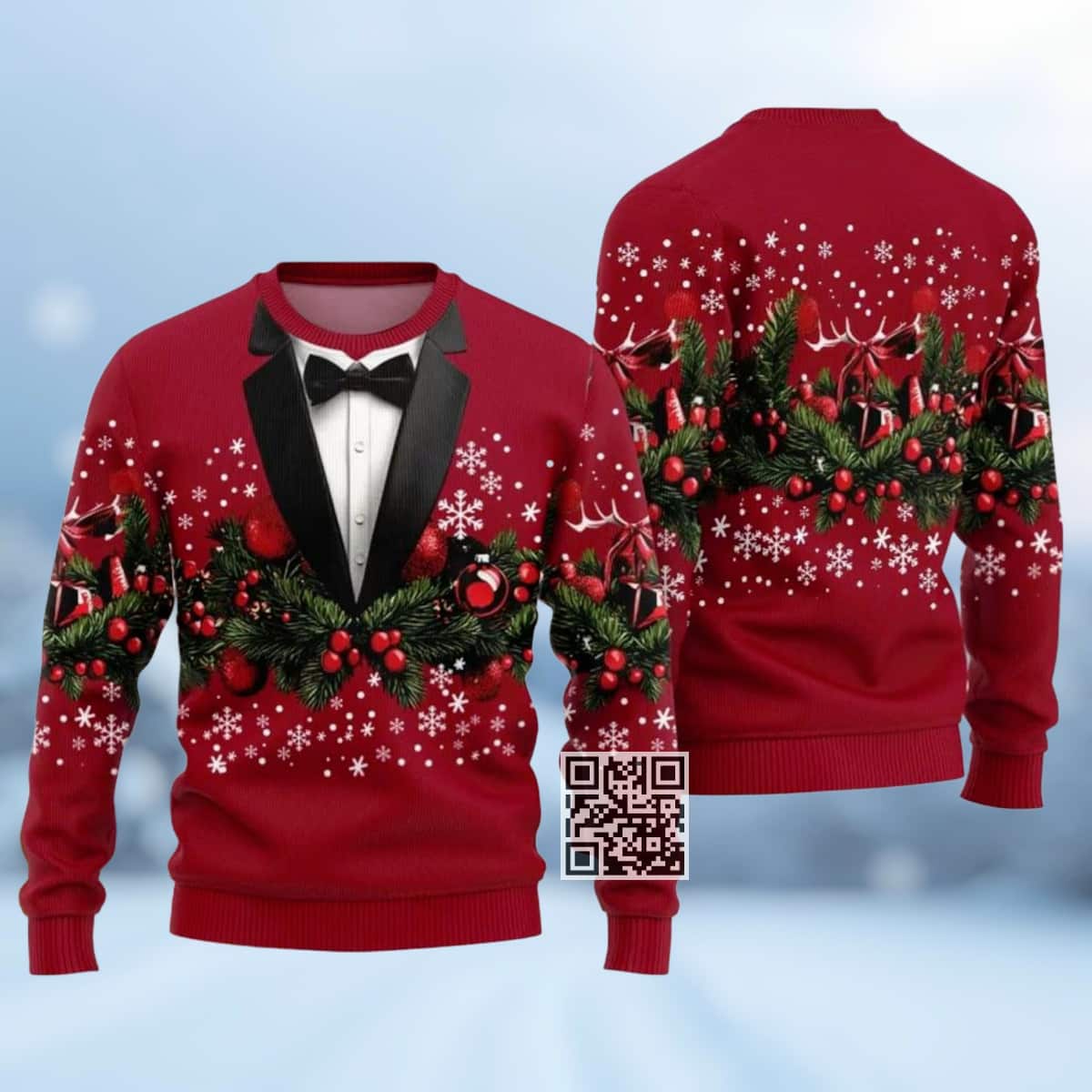 Red Suit Ugly Christmas Sweater Holiday Tuxedo Style With Bow Tie