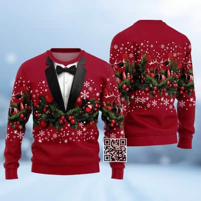 Red Suit Ugly Christmas Sweater Holiday Tuxedo Style With Bow Tie