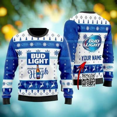 Bud Light Beer Ugly Christmas Sweater Makes Me High Custom Name