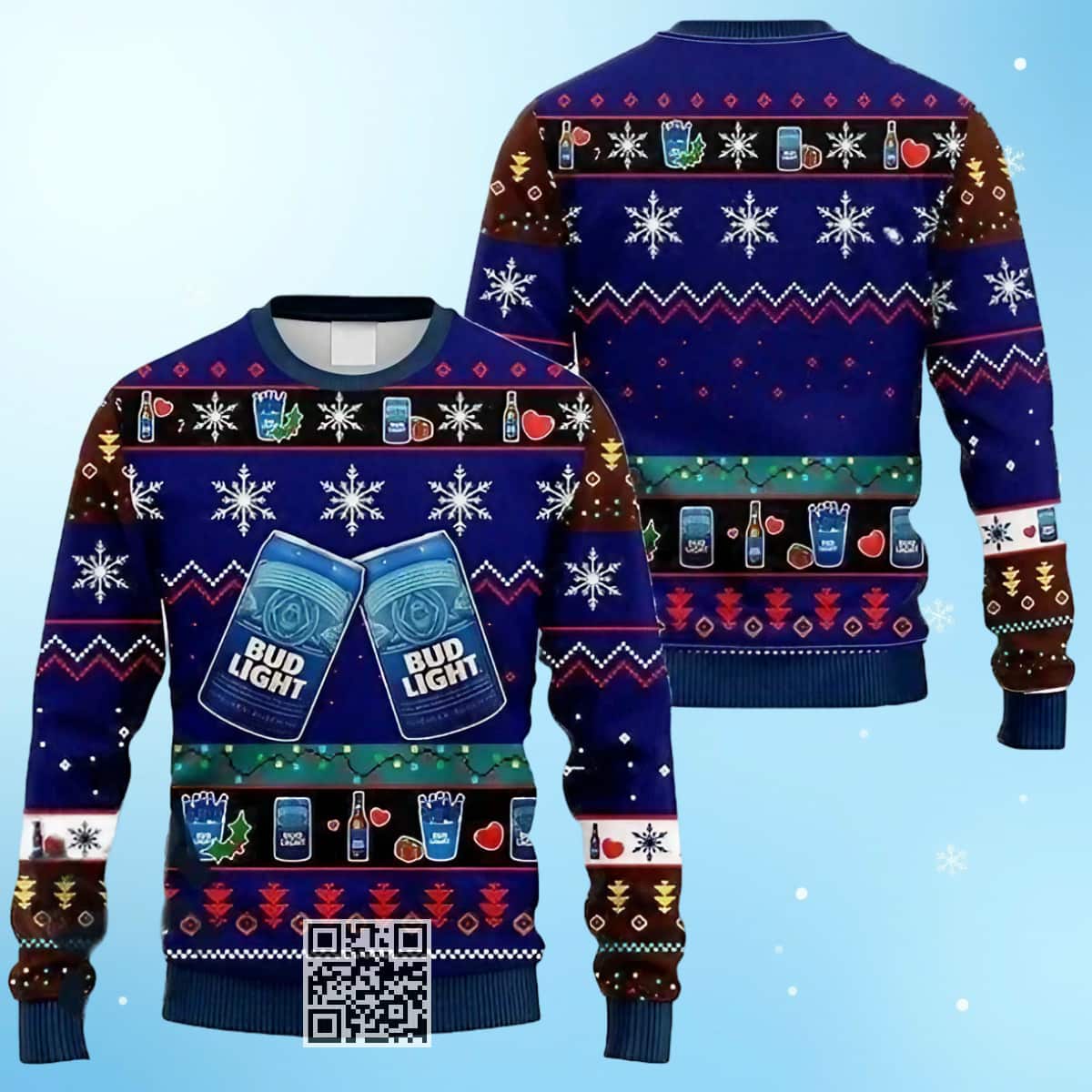 Bud Light Beer Ugly Christmas Sweater Snowflakes Pattern