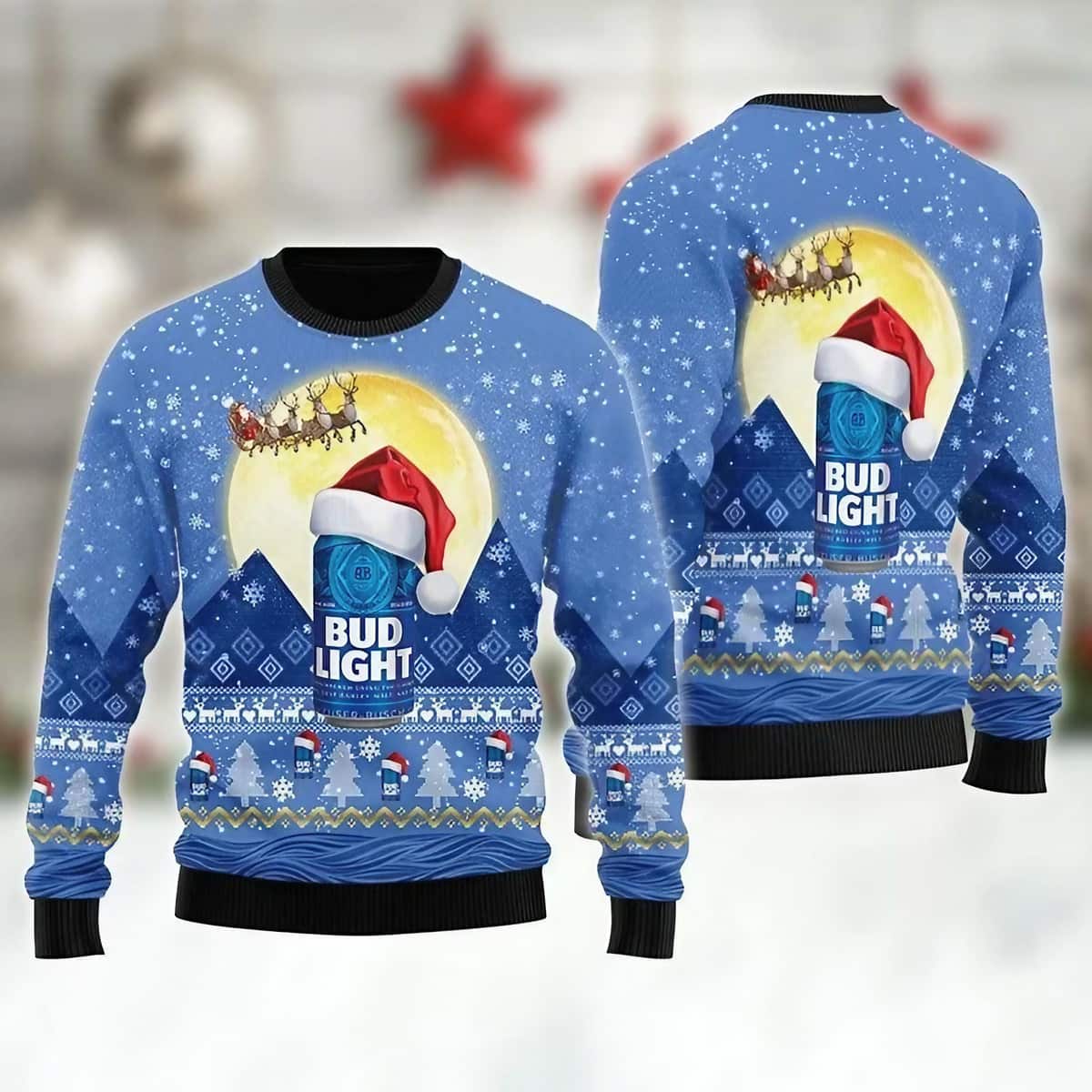 Santa Claus Bud Light Beer Ugly Christmas Sweater Sleigh Pattern