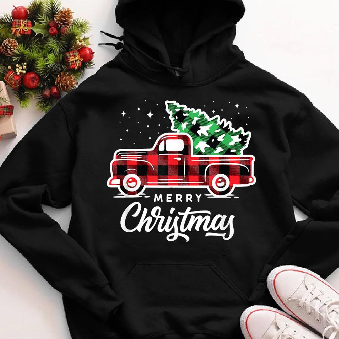 Vintage Style Farm Red Truck With Christmas Tree Hoodie Vintage Style Farm Red Truck With Christmas Tree Hoodie