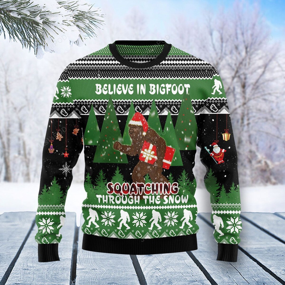 Bigfoot Through Snow Ugly Christmas Sweater Bigfoot Through Snow Ugly Christmas Sweater