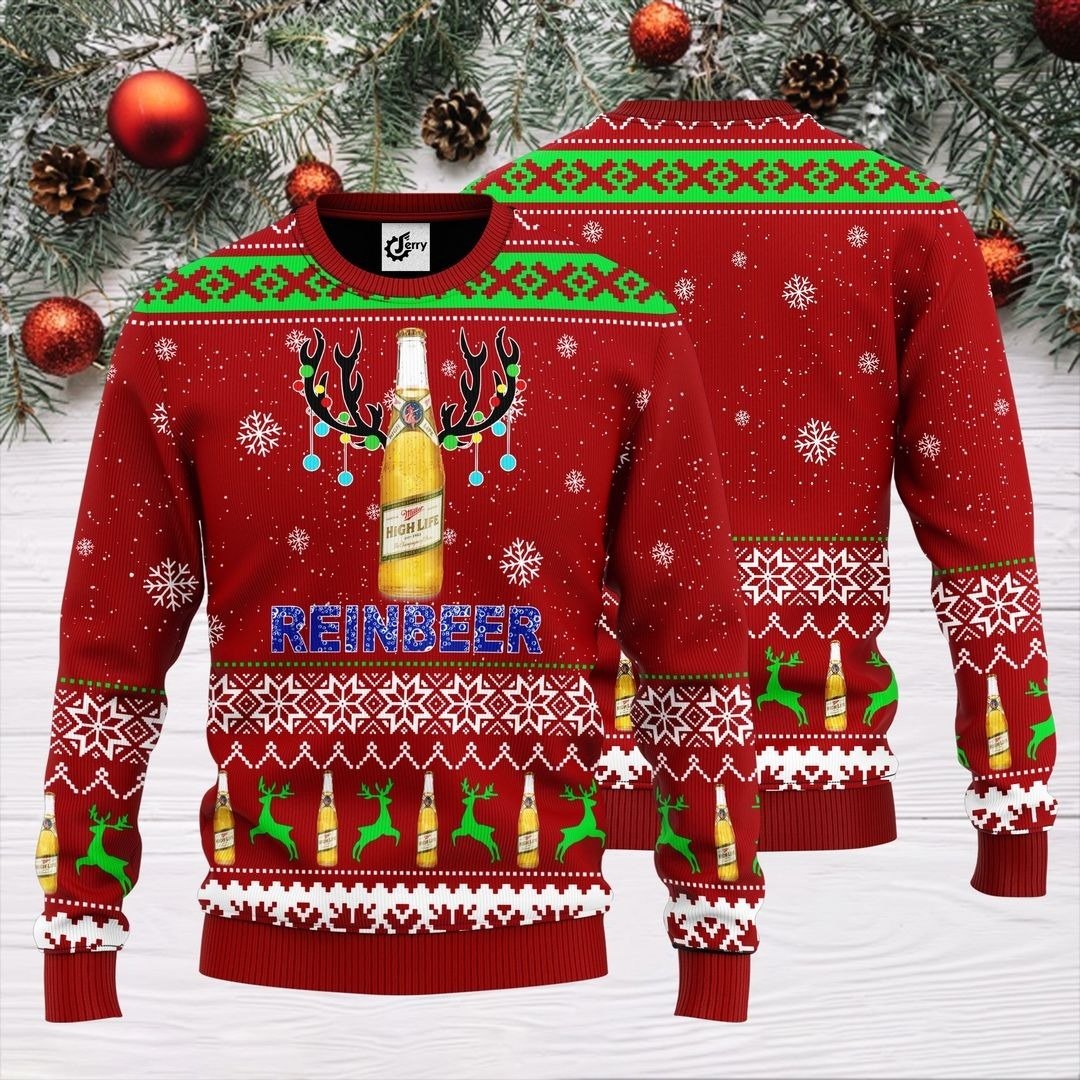 Miller High Life Ugly Christmas Sweater Reinbeer Halloween Gift