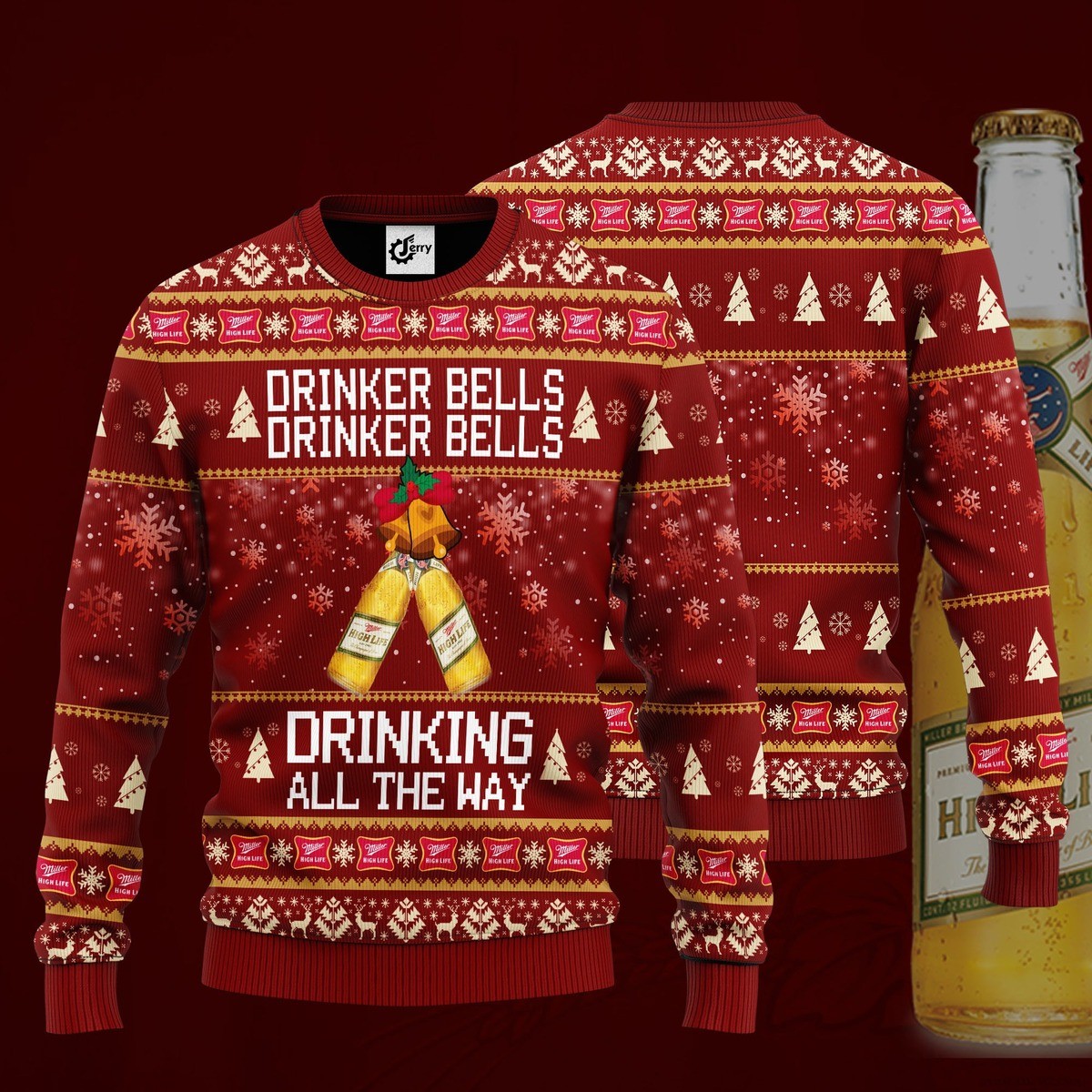 Miller High Life Ugly Christmas Sweater Drinker Bells Drinking All The Way