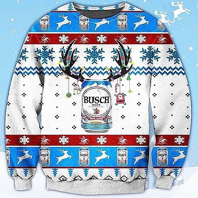 Busch Ugly Christmas Sweater Deer In Snowflakes Busch Ugly Christmas Sweater Deer In Snowflakes