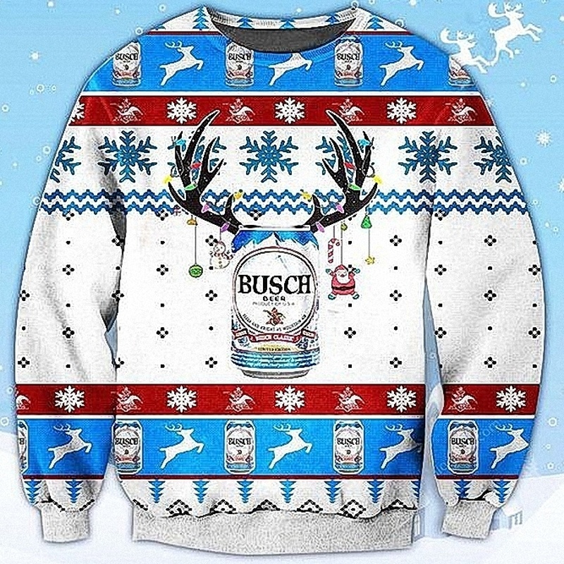 Busch Ugly Christmas Sweater Deer In Snowflakes Busch Ugly Christmas Sweater Deer In Snowflakes