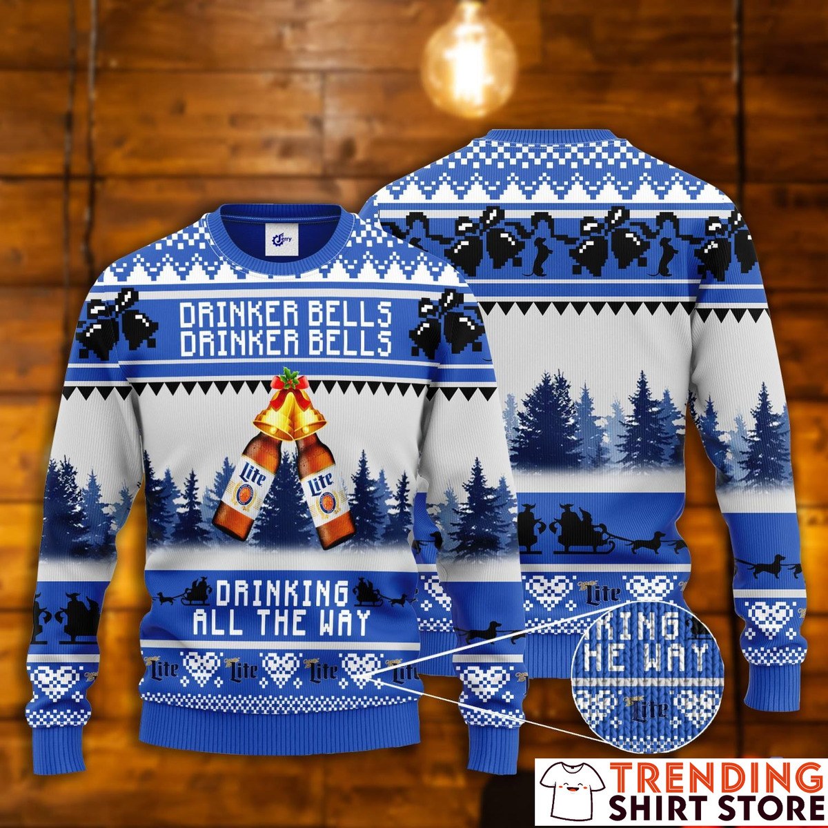 Miller Lite Christmas Ugly Christmas Sweater Drinker Bells Drinking All The Way