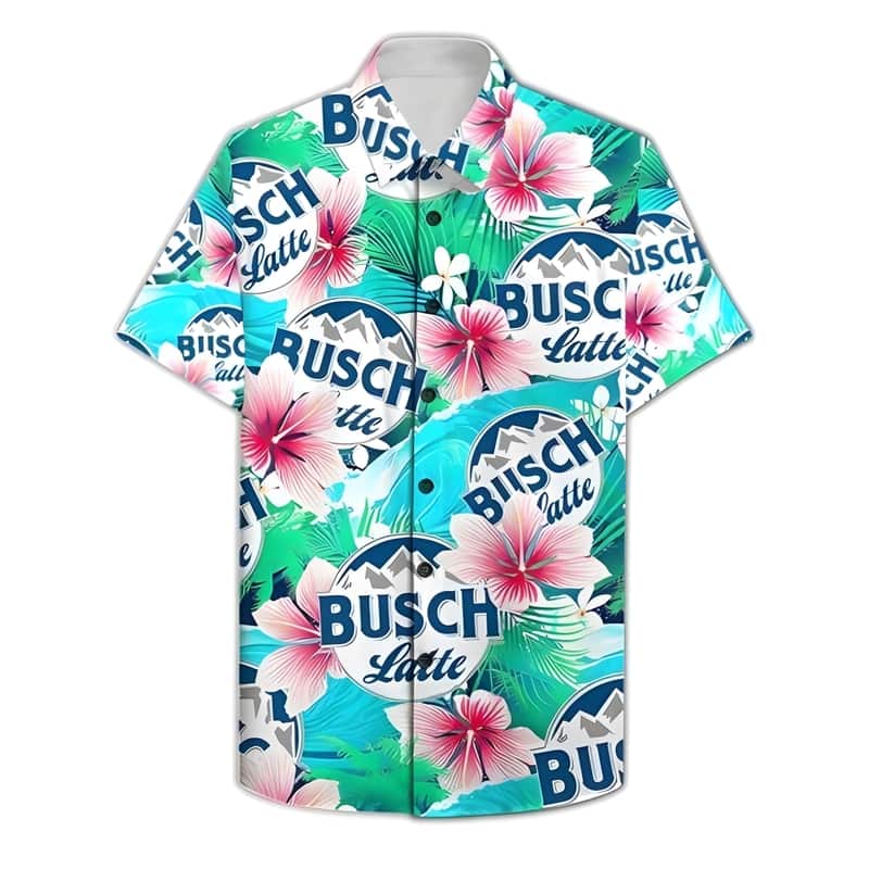 Busch Latte Tropical Palm Leaf Hibiscus Hawaiian Shirt Busch Latte Tropical Palm Leaf Hibiscus Hawaiian Shirt