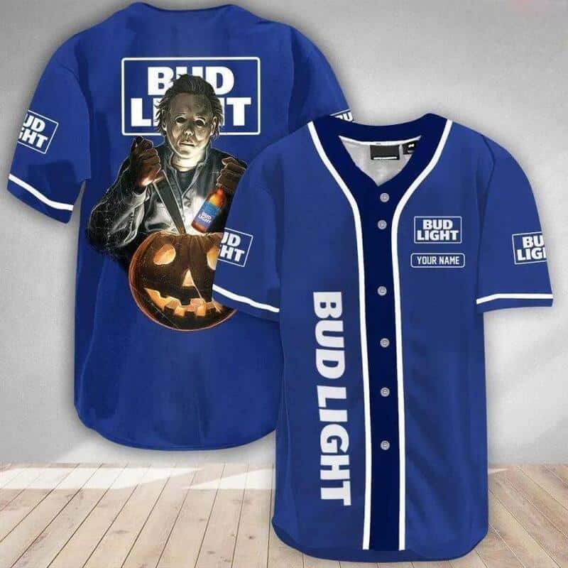 Horror Michael Myers with Pumpkin Bud Light Baseball Jersey Horror Michael Myers with Pumpkin Bud Light Baseball Jersey