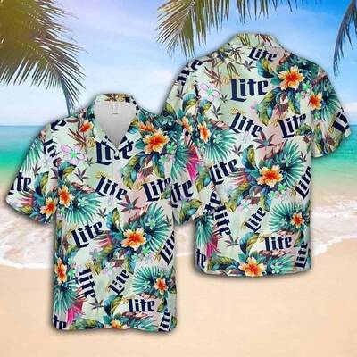 Miller Lite Hawaiian Shirt Colorful Tropical Flora Miller Lite Hawaiian Shirt Colorful Tropical Flora