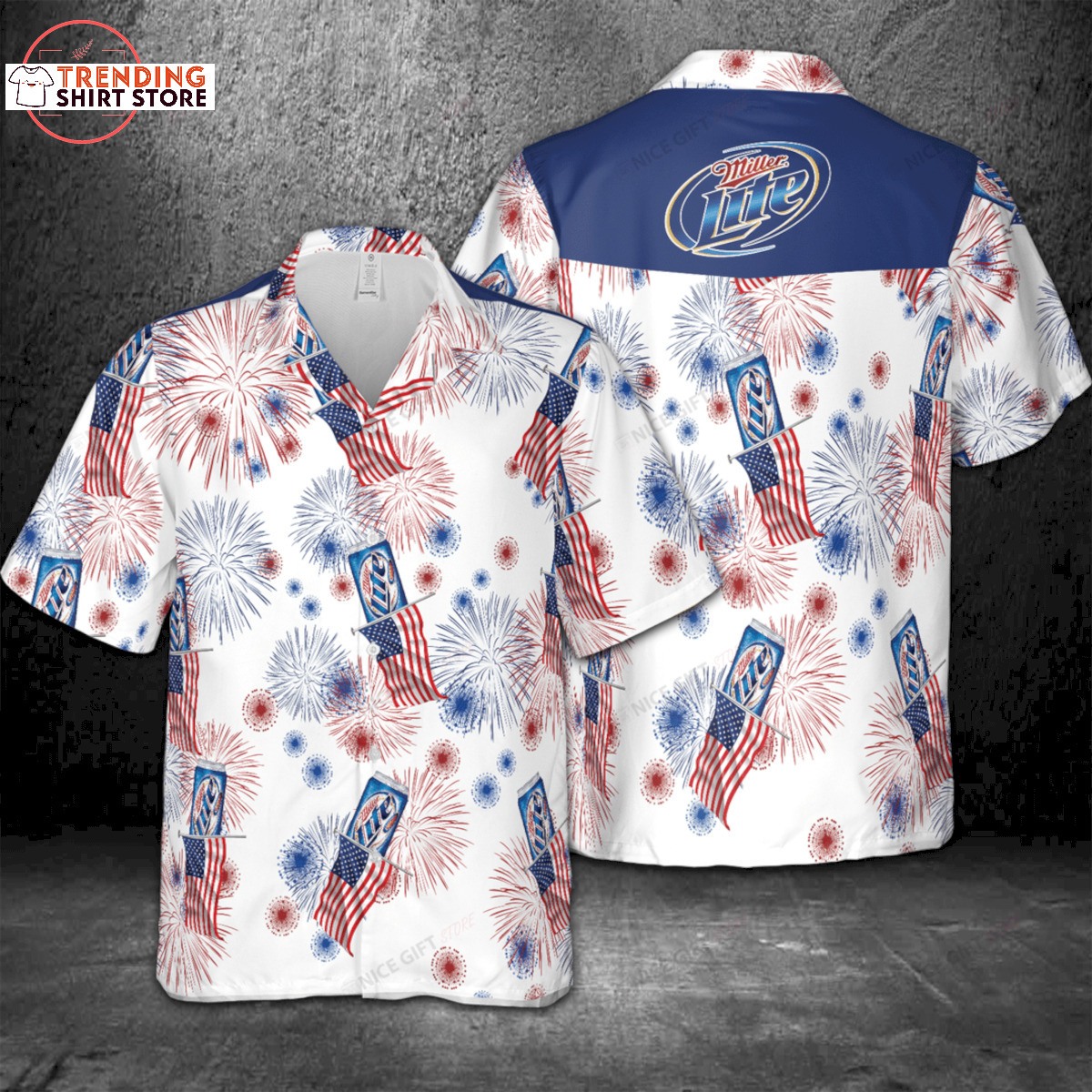 Miller Lite Hawaiian Shirt American Flag Fireworks