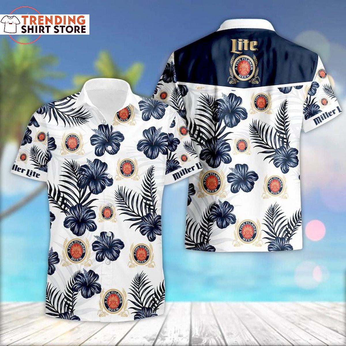 Miller Lite Hawaiian Shirt Dark Blue Hibiscus Flowers Gift For Beach Lovers