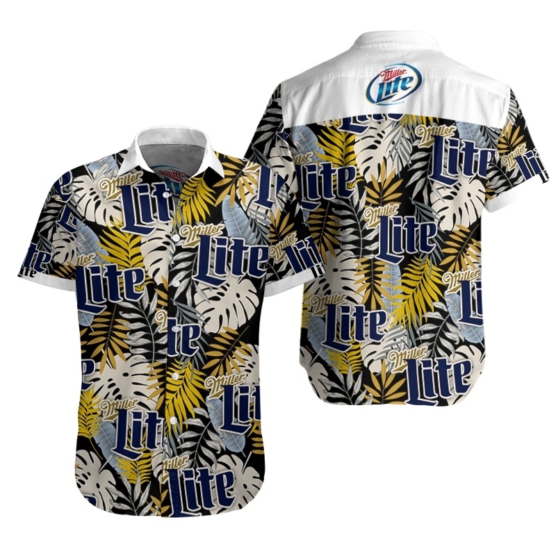 Miller Lite Hawaiian Shirt Tropical Palm Leaves