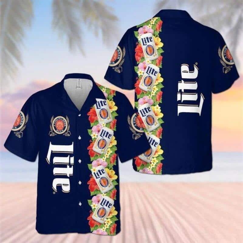 Blue Tropical Flowers Miller Lite Hawaiian Shirt