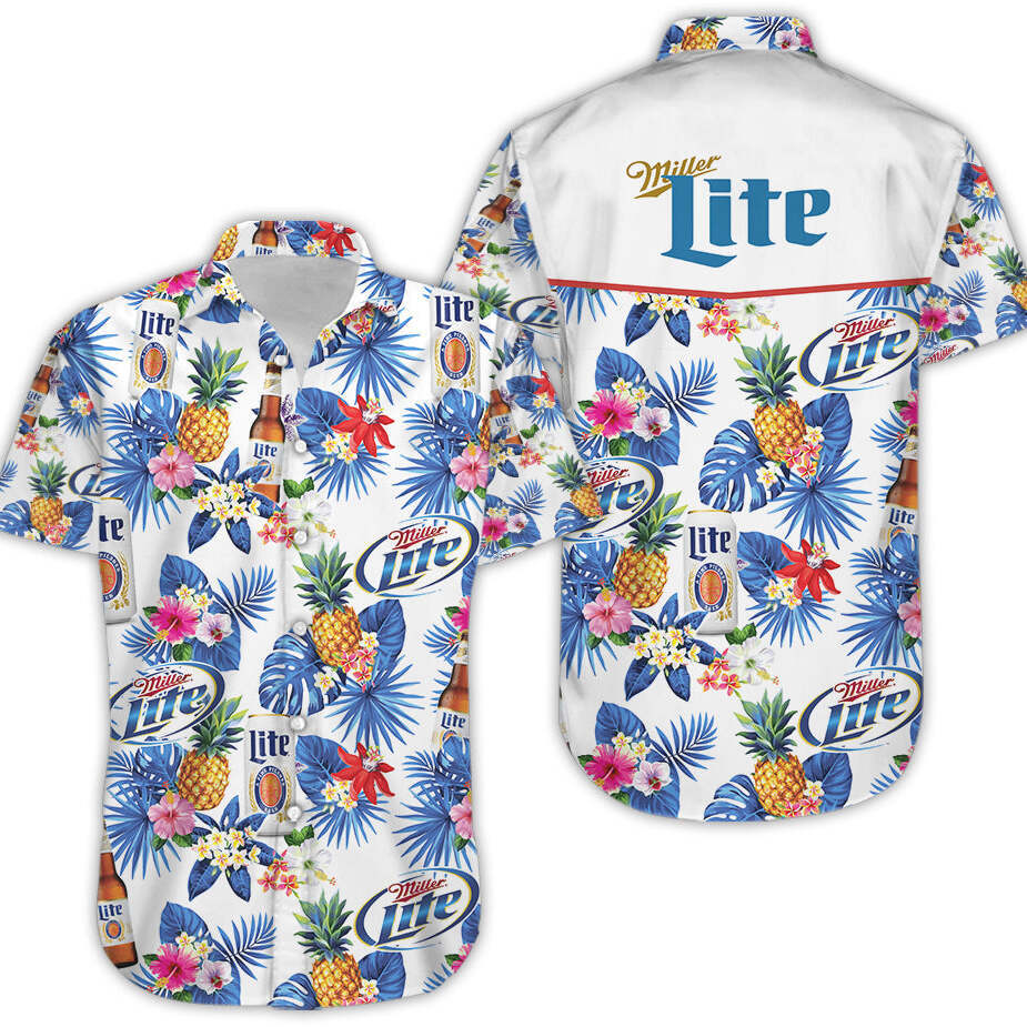 Miller Lite Hawaiian Shirt Tropical Summer Flowers And Pineapples For Beach Lovers