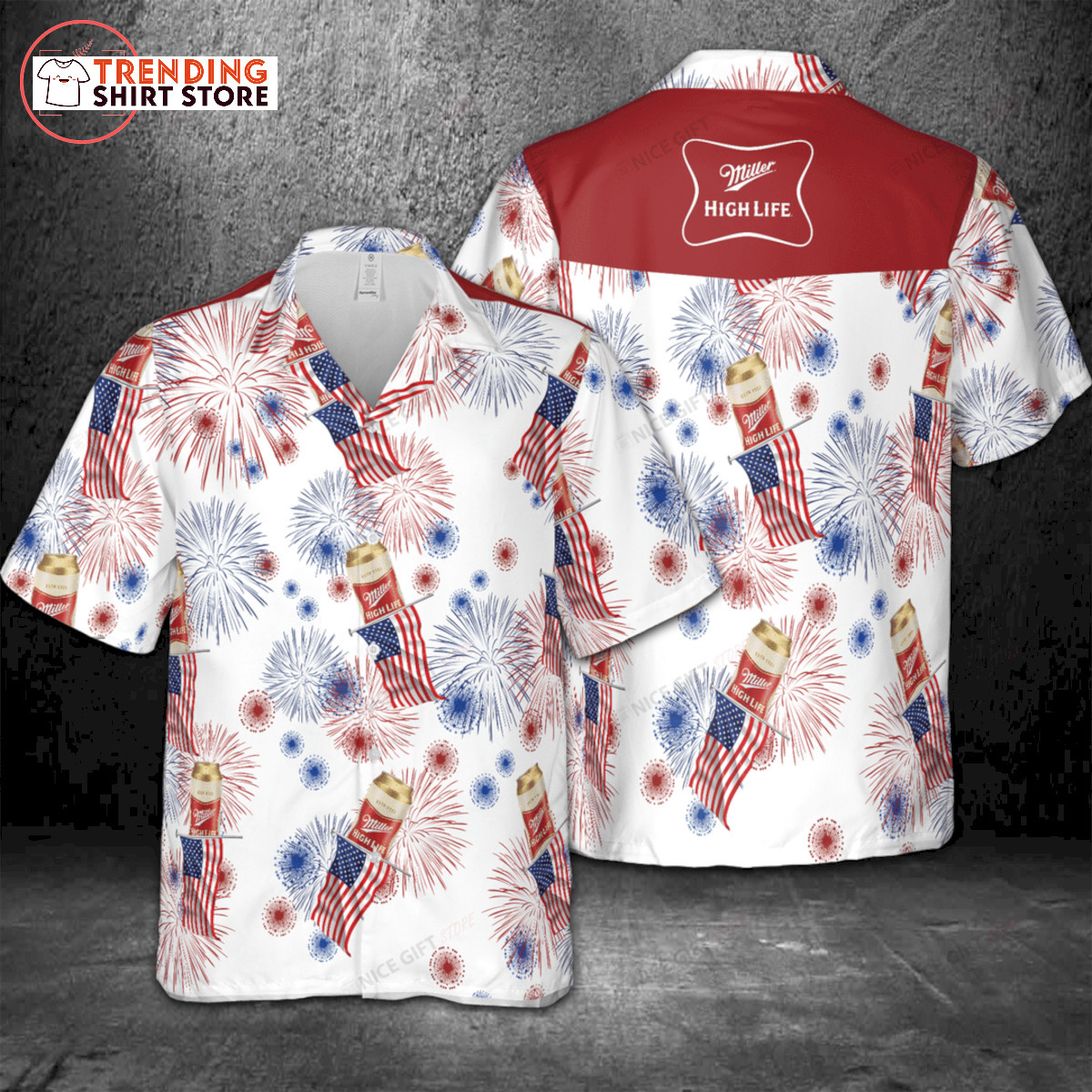 Miller High Life Hawaiian Shirt American Flag Fireworks Independence Day