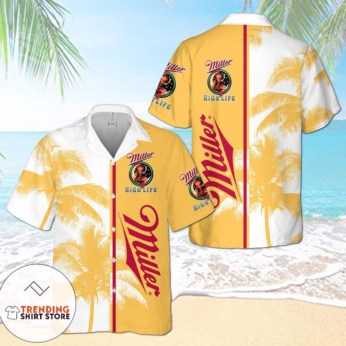 Miller High Life Hawaiian Shirt Palm Tree And Girl In The Moon