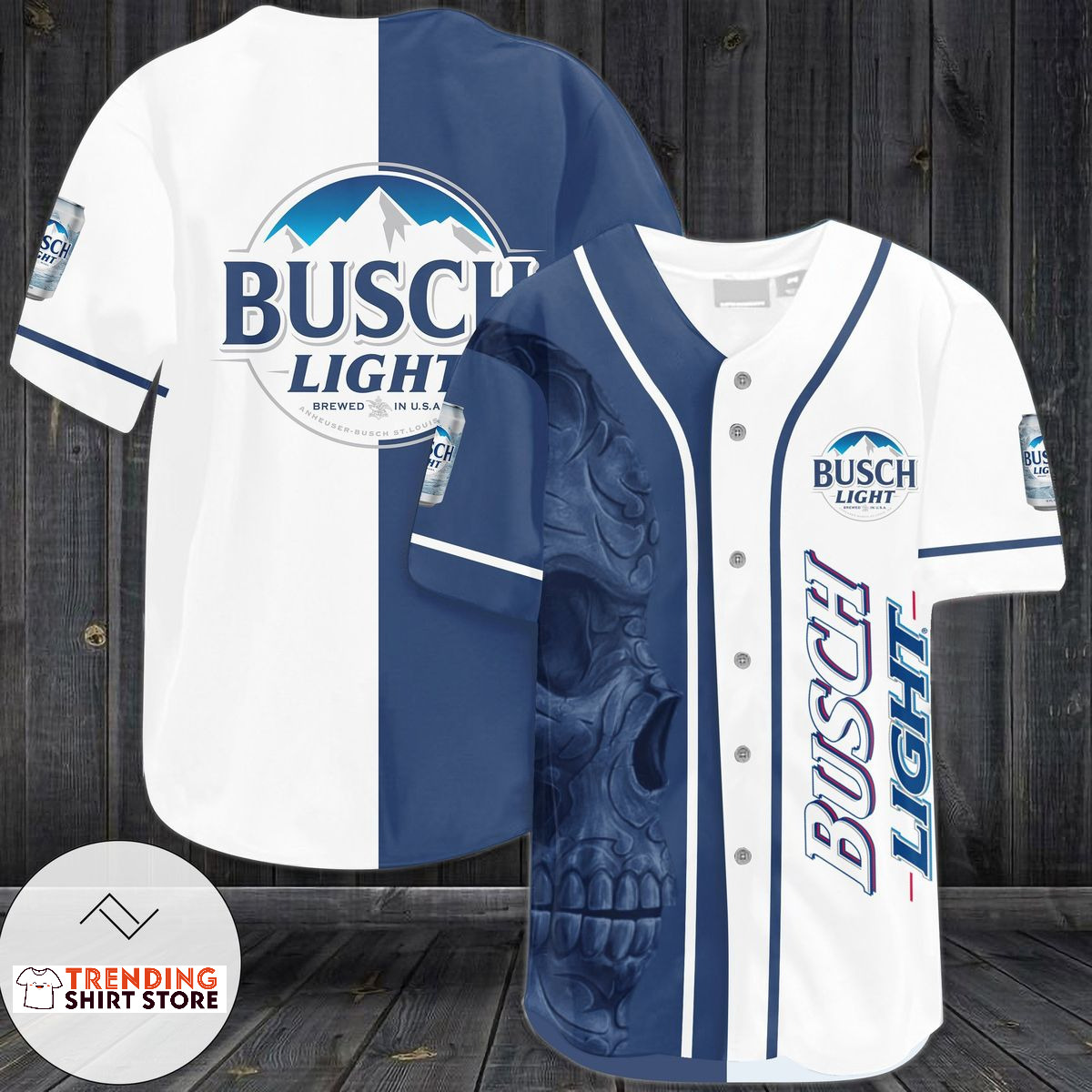 Busch Light Baseball Jersey Brewed In US Blue And White Skull Busch Light Baseball Jersey Brewed In US Blue And White Skull