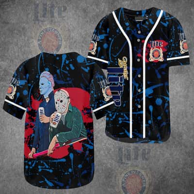 Miller Lite Baseball Jersey Jason Voorhees And Michael Myers Blue Paint Miller Lite Baseball Jersey Jason Voorhees And Michael Myers Blue Paint