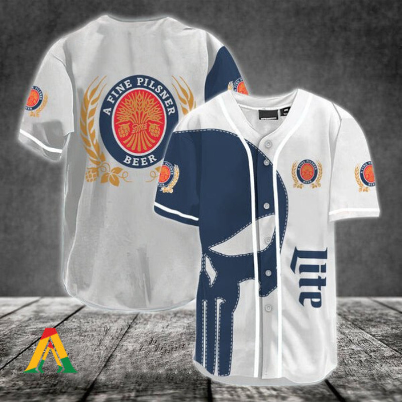Miller Lite Baseball Jersey Giant Dark Blue Punisher Skull A Fine Pilsner Beer Miller Lite Baseball Jersey Giant Dark Blue Punisher Skull A Fine Pilsner Beer