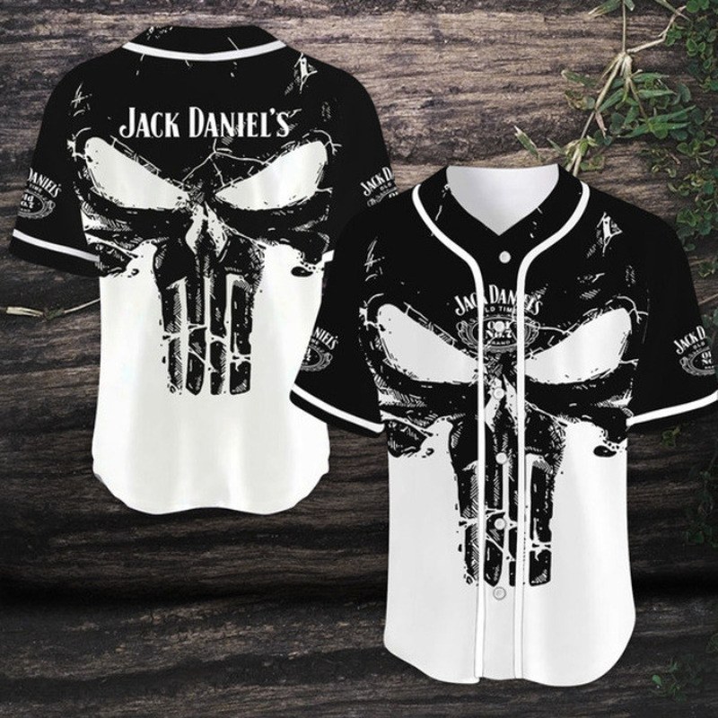 Jack Daniels Baseball Jersey Black Punisher Skull