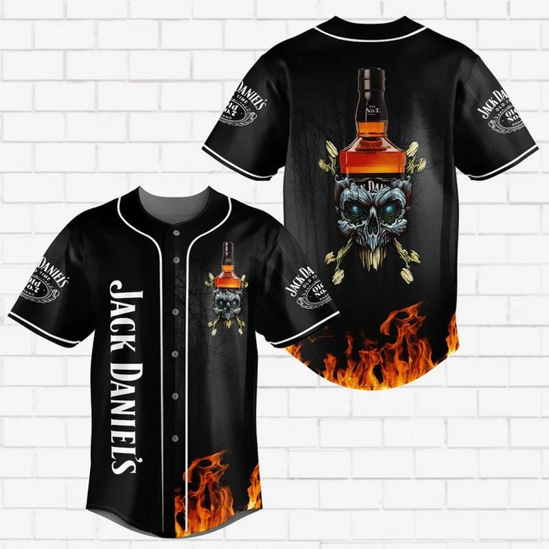 Jack Daniels Baseball Jersey Whiskey Skull On Fire