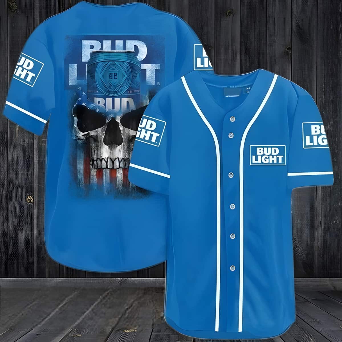 Bud Light Baseball Jersey US Bud Flag Black Skull Bud Light Baseball Jersey US Bud Flag Black Skull