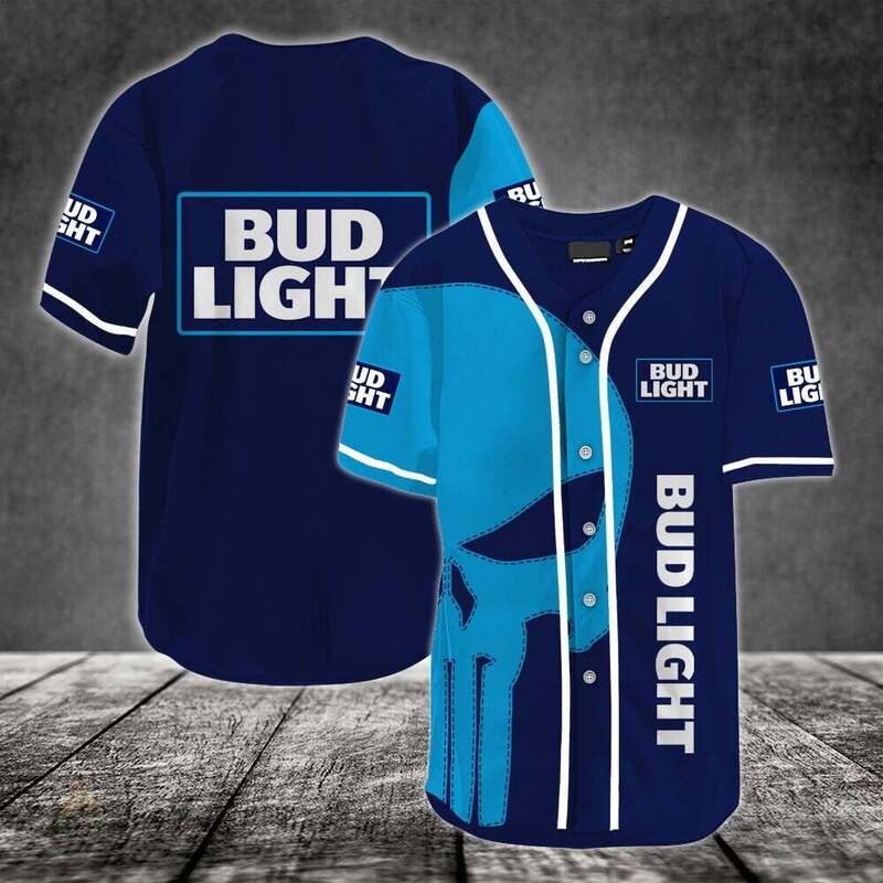 Bud Light Baseball Jersey Giant Light Blue Punisher Skull Bud Light Baseball Jersey Giant Light Blue Punisher Skull