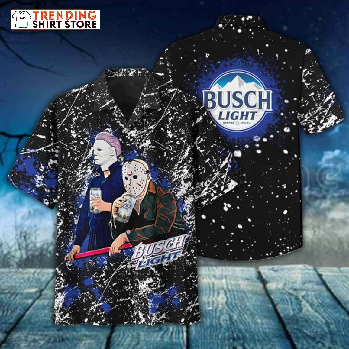 Michael Myers And Jason Voorhees Drinking Busch Light Hawaiian Shirt Michael Myers And Jason Voorhees Drinking Busch Light Hawaiian Shirt