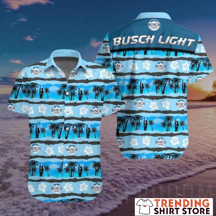 Busch Light Hawaiian Shirt Tropical Flora And Palm Beach For Surfing Lovers